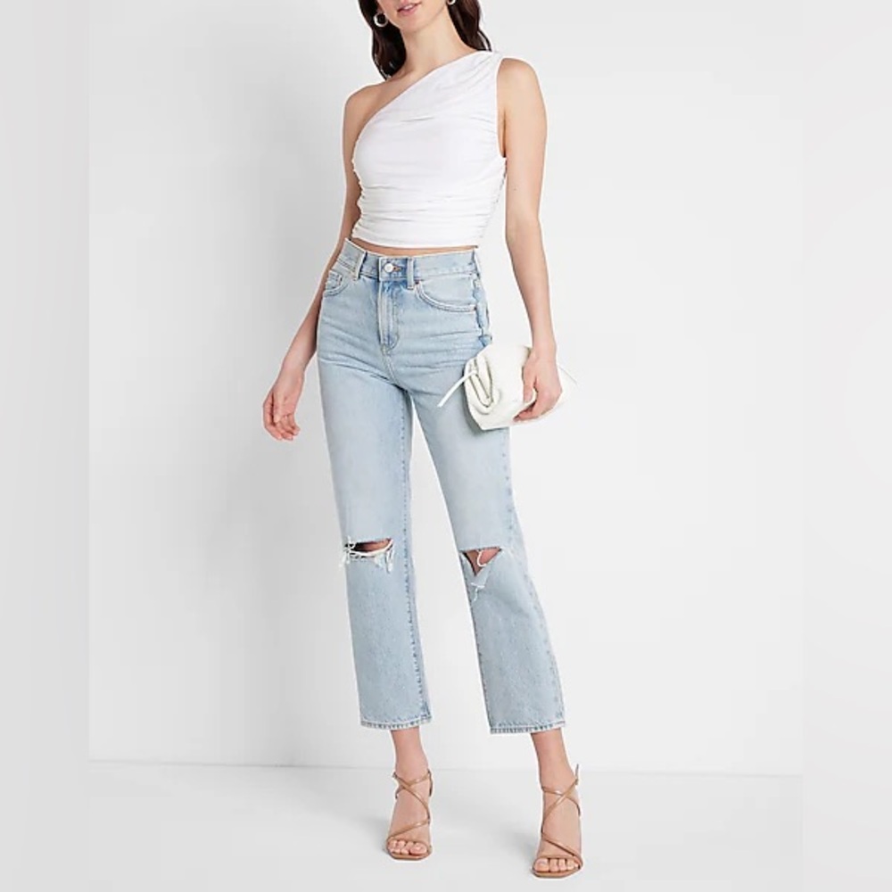 Express Straight Ankle High Rise Distressed Light Wash Jeans 100% Cotton Size 2
